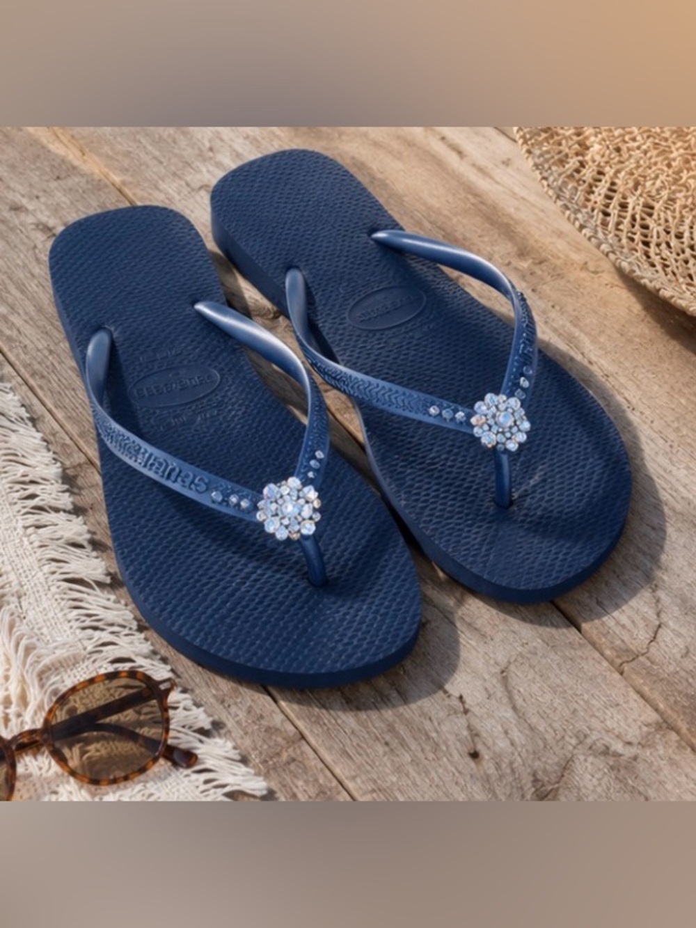 Havaianas Navy Blue Flip Flops with Rhinestone Flower Crystals Sz 41/42